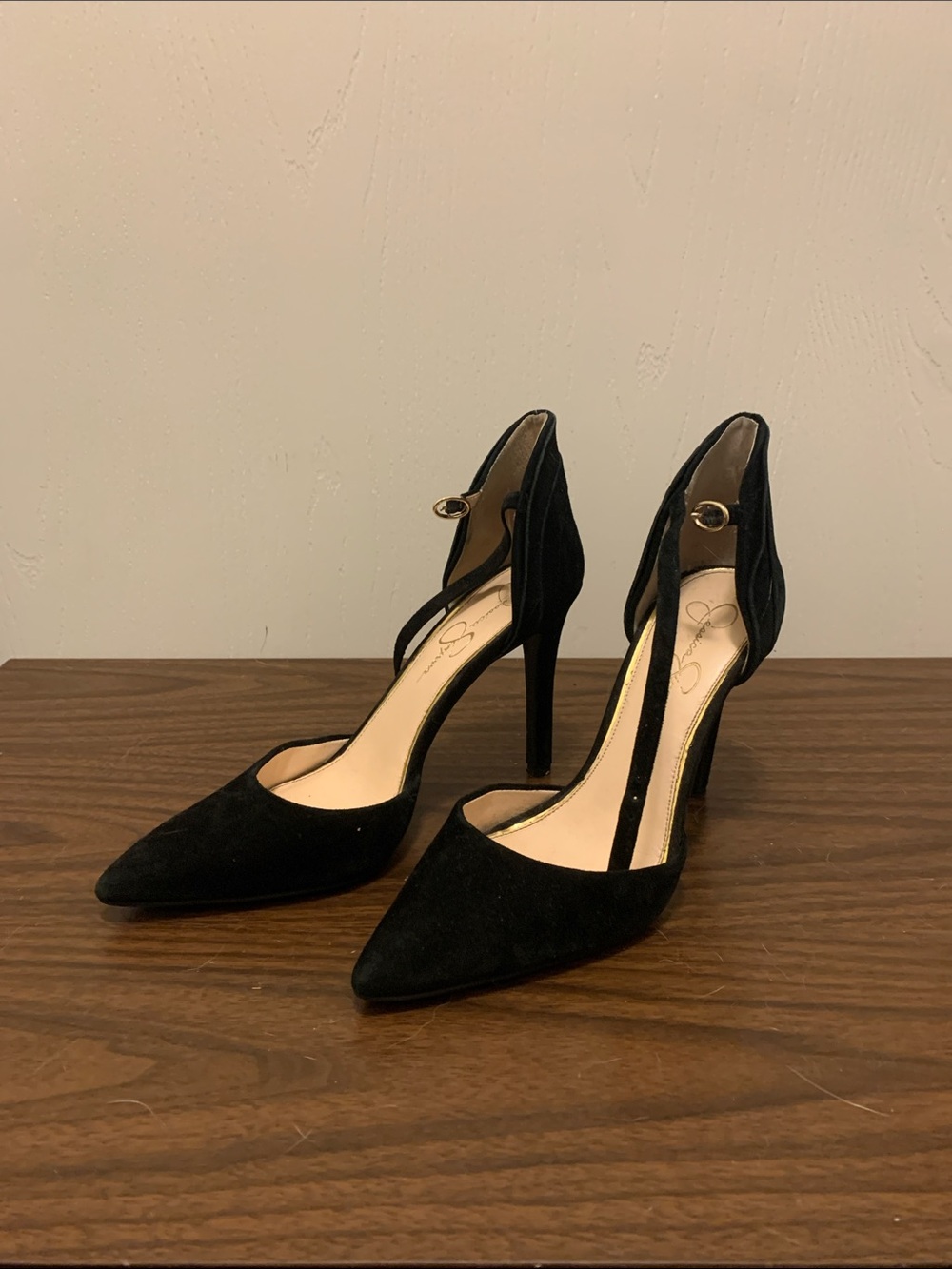 Jessica Simpson Black Pointed-Toe Ankle-Strap Stiletto Heels